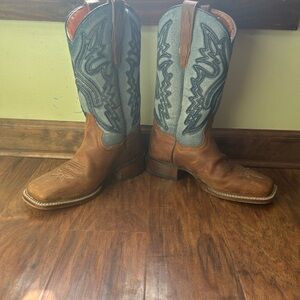 Women’s Square Toe Dan Post Brown Leather & Blue Denim Cowboy Boots Size 7.5